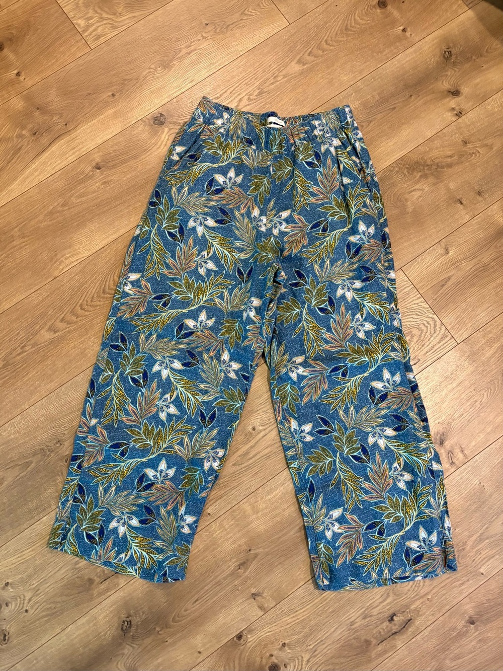 Cynthia Rowley Women’s Blue Floral Linen Wide Leg Pants, Pockets, Size Small